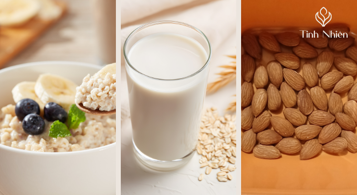 Bột yến mạch, sữa tươi và dầu hạnh nhân