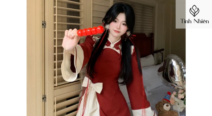 Đầm nữ màu đỏ phong cách Trung Hoa chất nhung tăm