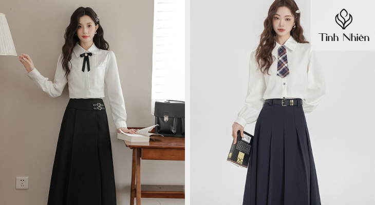 Sơ mi phối cùng chân váy xếp ly hoặc chân váy dài